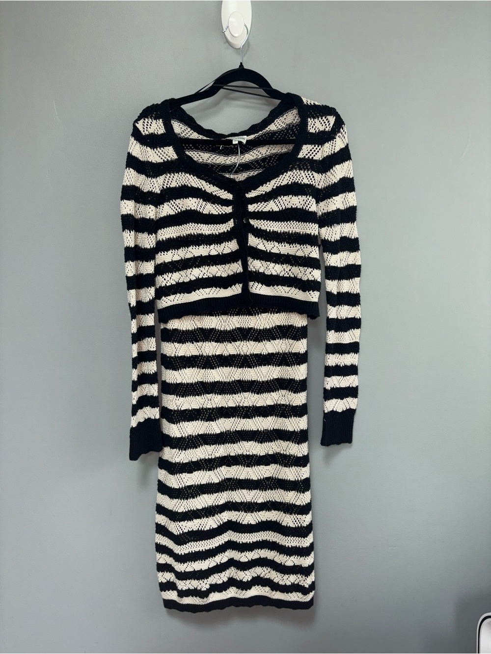 Freshman 1996 Striped Black & White Crochet Skirt & Cardigan Set Size‎ Jr. Large